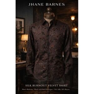 Jhane Barnes Silk Burnout Velvet Shirt Mens M Black Red Striped Designer